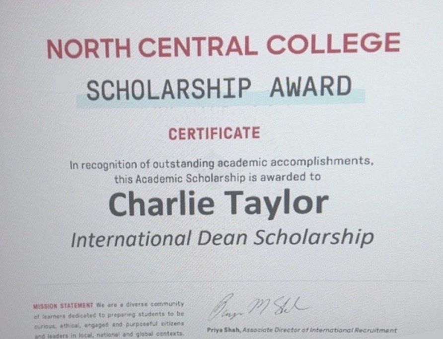 North Central College scholarship award certificate for Charlie Taylor: International Dean Scholarship